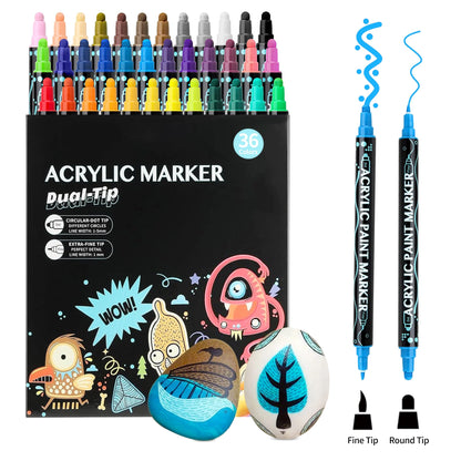 Acrylic Paint Markers, 12 Colors Dual Tip Acrylic Paint Pens for Wood, Canvas, Stone, Rock Painting, Glass, Ceramic Surfaces, DIY Crafts Making, 12 Dual Tip Acrylic Markers