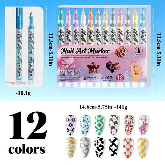 Nail Art Pens 12 Colors, 0.7mm Nail Polish Pens Set Nail Art Markers & Nail Art Kit, Quick Drying Waterproof Acrylic Paint Markers for Nail Art Design,Dotting,Liner,DIY Manicure Tools