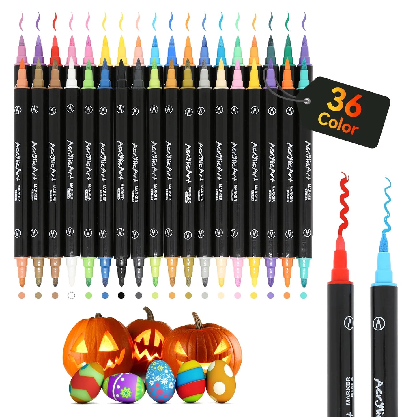 24 Colors Dual Tip Acrylic Paint Markers, Brush Tip and Fine Tip Acrylic Paint Pens for Rock Painting, Ceramic, Wood, Canvas, Plastic, Glass, Stone, Calligraphy, Card Making, DIY Crafts
