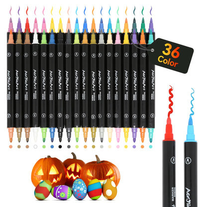 24 Colors Dual Tip Acrylic Paint Markers, Brush Tip and Fine Tip Acrylic Paint Pens for Rock Painting, Ceramic, Wood, Canvas, Plastic, Glass, Stone, Calligraphy, Card Making, DIY Crafts