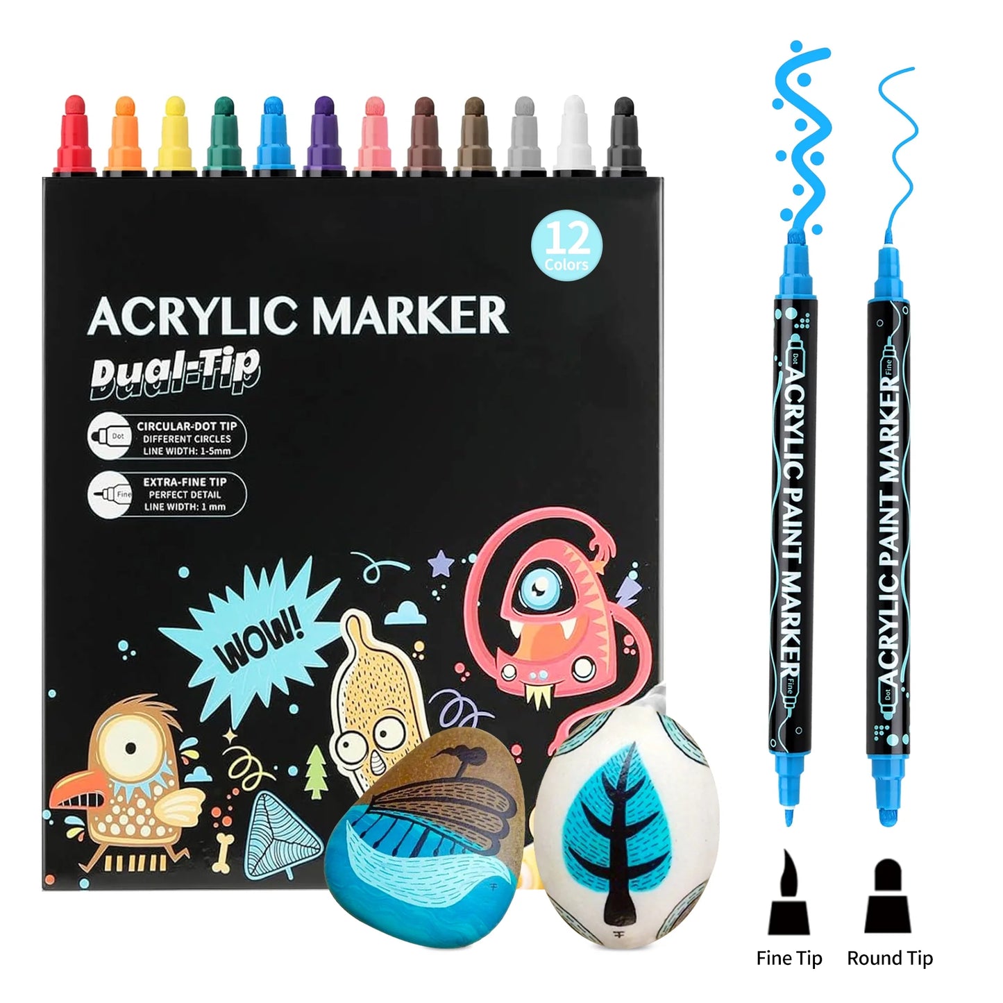 Acrylic Paint Markers, 12 Colors Dual Tip Acrylic Paint Pens for Wood, Canvas, Stone, Rock Painting, Glass, Ceramic Surfaces, DIY Crafts Making, 12 Dual Tip Acrylic Markers