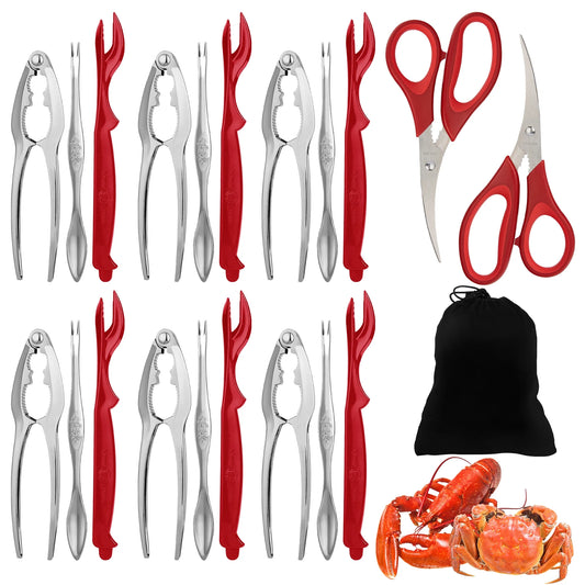 Crab Crackers and Tools Set,21-piece Seafood Tools Set includes 6 Crab Crackers,6 Lobster Shellers,6 Crab Leg Forks/Picks and 2 Seafood Scissors&Storage Bag-Nut Cracker Set