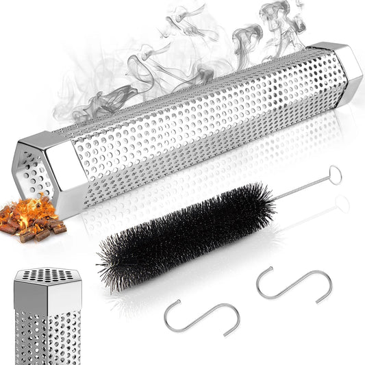 Smoke Tube for Pellet Smoker,12'' Smoker Tube Pellet Grill Accessories, Premium Stainless Steel Pellet Tube for all Grill or Smoker - Includes 2 S-Shaped Hooks,Cleaning Brush