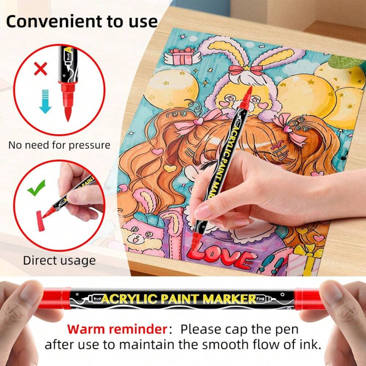 24 Colors Dual Tip Acrylic Paint Markers,Fine Tip and Brush Tip Permanent Acrylic Paint Pens For Rock Painting, Canvas,Wood,Glass,Ceramic,Fabric, Plastic,Egg,Scrapbook,Art Painting Supplies Kit