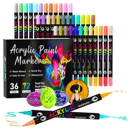 Acrylic Paint Markers, 36 pcs 72 Colors Dual Tip Dual Color Acrylic Markers, Tooli Art Acrylic Paint Pens for Stone, Wood, Calligraphy, Canvas, Ceramic, Metal, Glass, Rock Painting, DIY Crafts
