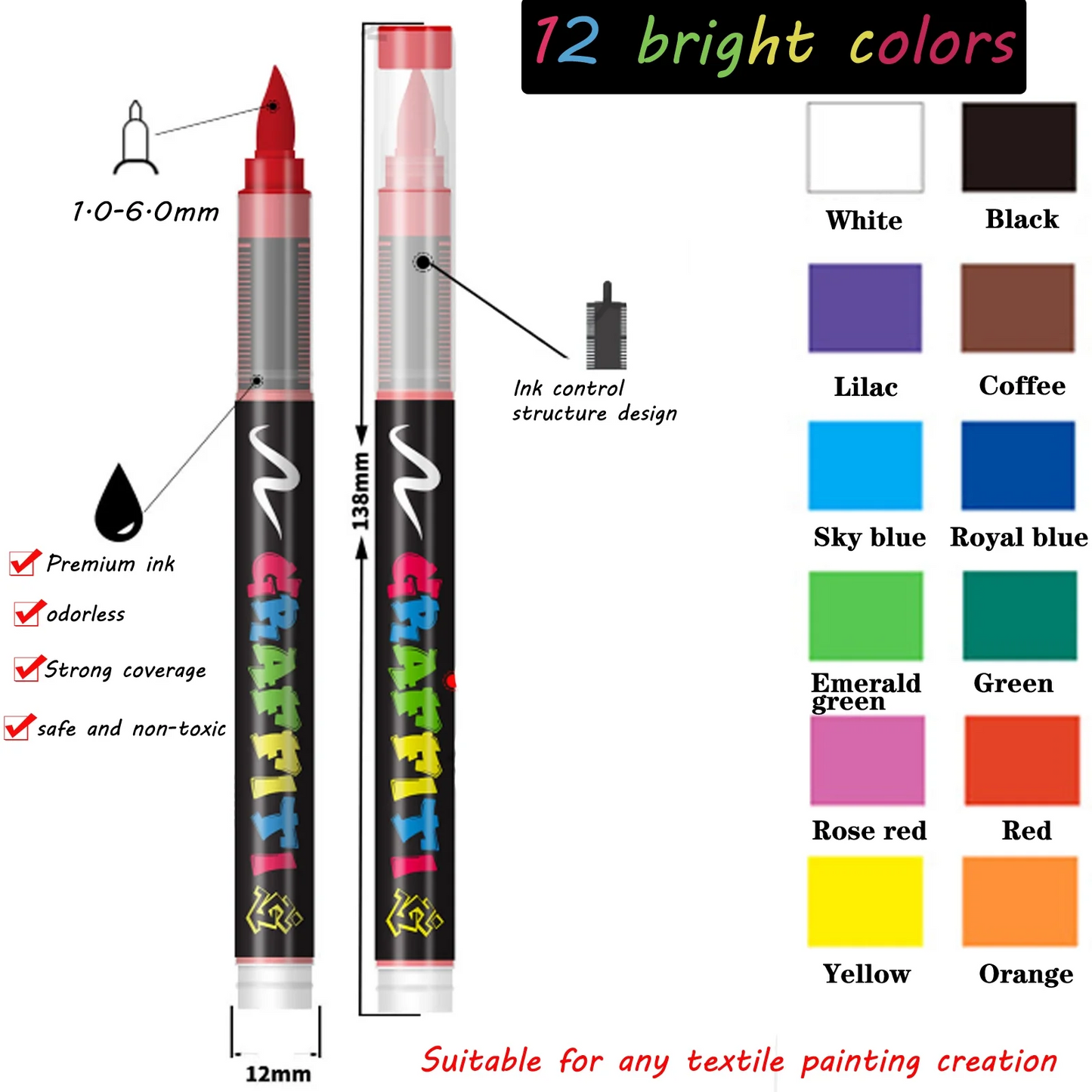 12 Color Acrylic Paint Markers, Soft Brush Tip Acrylic Paint Pens,Quick-Drying Waterproof Acrylic Markers for Canvas, Rock Painting, Wood, Stone, Glass, Ceramic, Fabric Painting, DIY Crafts