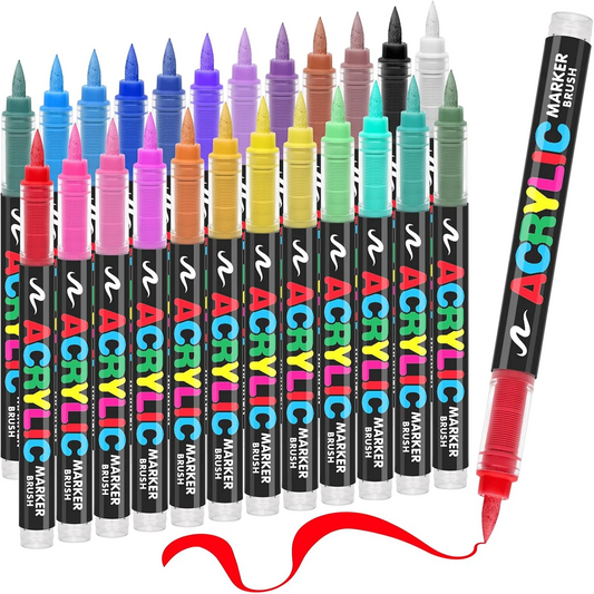 24 Color Acrylic Paint Markers, Soft Brush Tip Acrylic Paint Pens,Quick-Drying Waterproof Acrylic Markers for Canvas, Rock Painting, Wood, Stone, Glass, Ceramic, Fabric Painting, DIY Crafts
