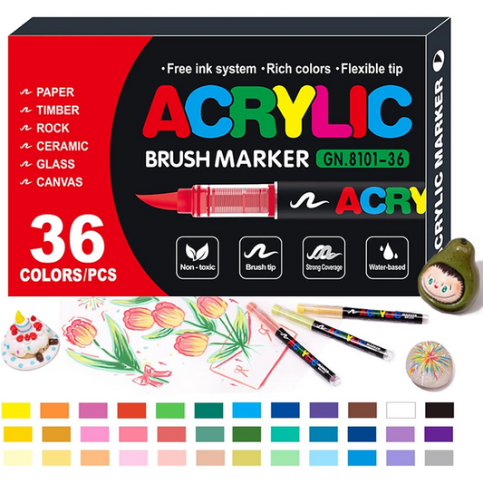 36 Color Acrylic Paint Markers, Soft Brush Tip Acrylic Paint Pens,Quick-Drying Waterproof Acrylic Markers for Canvas, Rock Painting, Wood, Stone, Glass, Ceramic, Fabric Painting, DIY Crafts