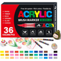 36 Color Acrylic Paint Markers, Soft Brush Tip Acrylic Paint Pens,Quick-Drying Waterproof Acrylic Markers for Canvas, Rock Painting, Wood, Stone, Glass, Ceramic, Fabric Painting, DIY Crafts