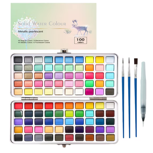Watercolor Paint Set 100 Colors,50 Regular,35 Metallic,10 Macaron and 5 Fluorescent Colors,Portable with Carrying Case,Water Brush Pens,Travel Watercolor Set for Artsits,Amateur,Painting Lovers
