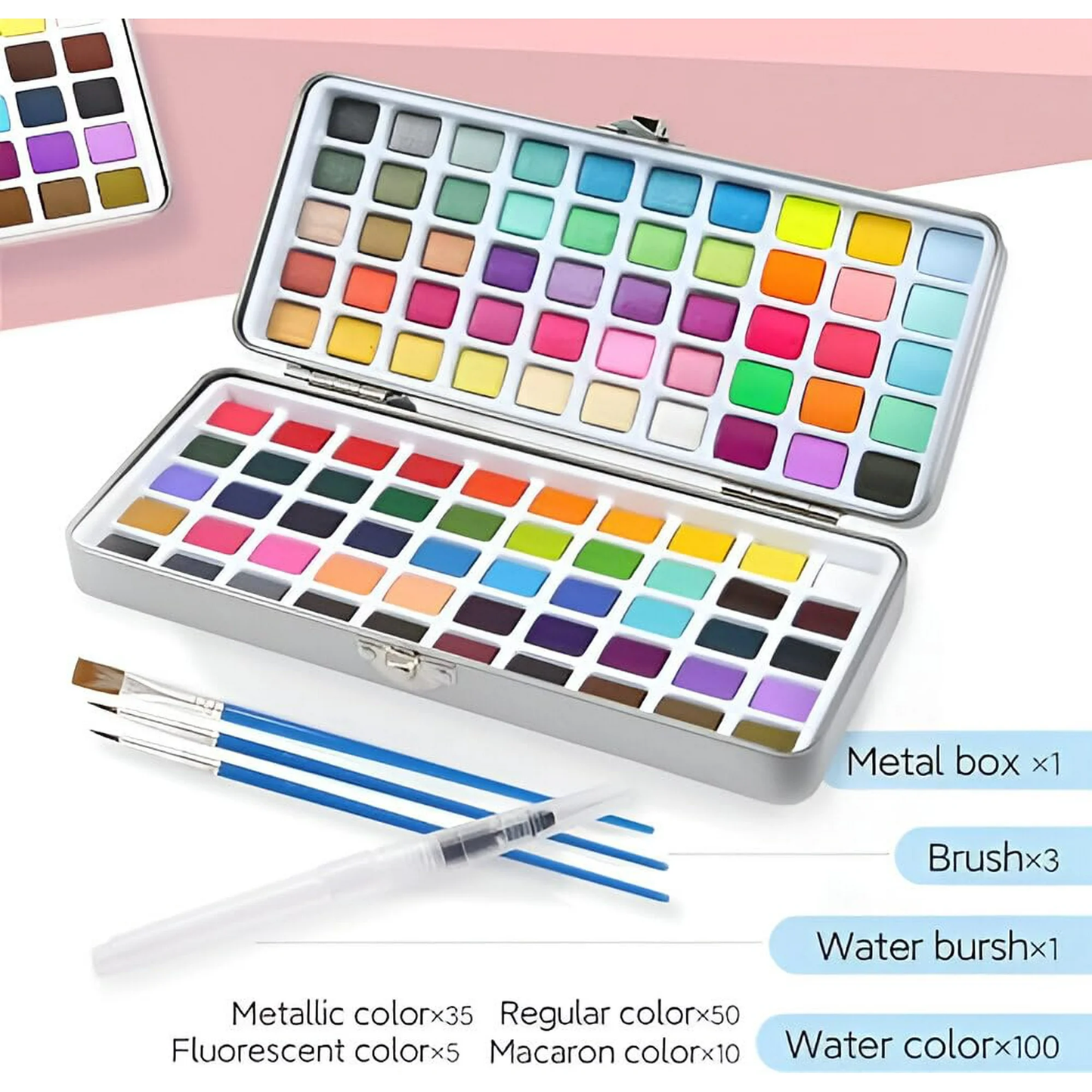 Watercolor Paint Set 100 Colors,50 Regular,35 Metallic,10 Macaron and 5 Fluorescent Colors,Portable with Carrying Case,Water Brush Pens,Travel Watercolor Set for Artsits,Amateur,Painting Lovers