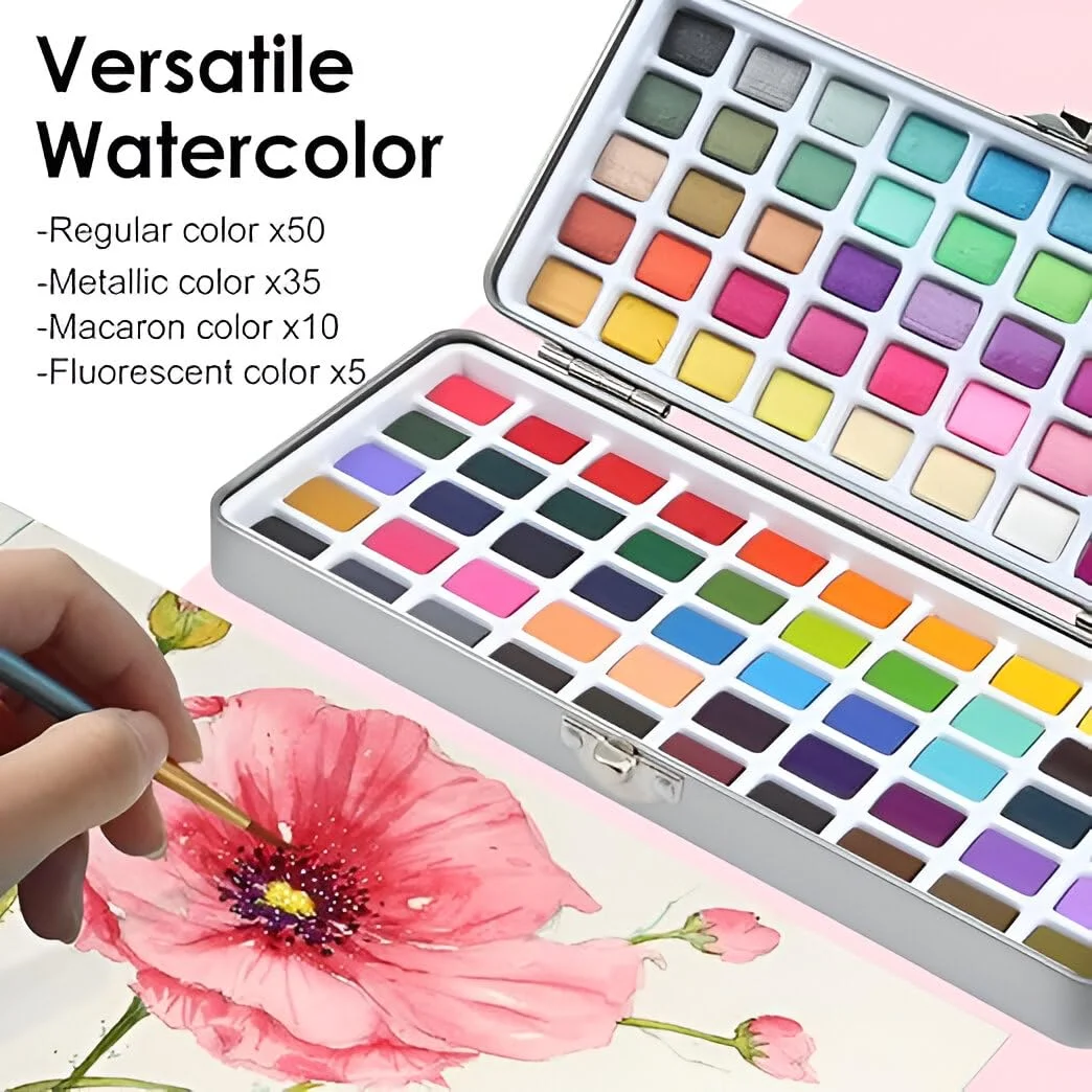 Watercolor Paint Set 100 Colors,50 Regular,35 Metallic,10 Macaron and 5 Fluorescent Colors,Portable with Carrying Case,Water Brush Pens,Travel Watercolor Set for Artsits,Amateur,Painting Lovers