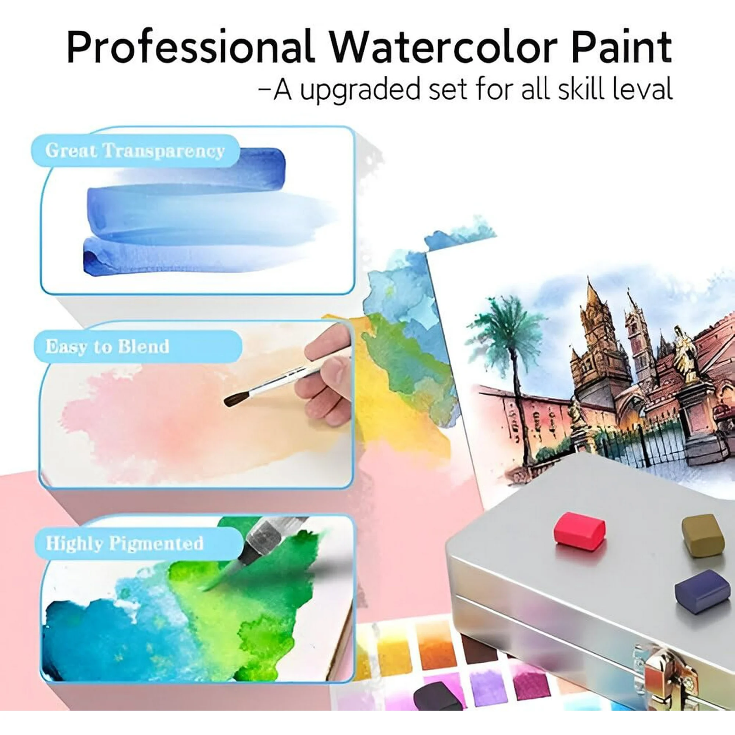 Watercolor Paint Set 100 Colors,50 Regular,35 Metallic,10 Macaron and 5 Fluorescent Colors,Portable with Carrying Case,Water Brush Pens,Travel Watercolor Set for Artsits,Amateur,Painting Lovers