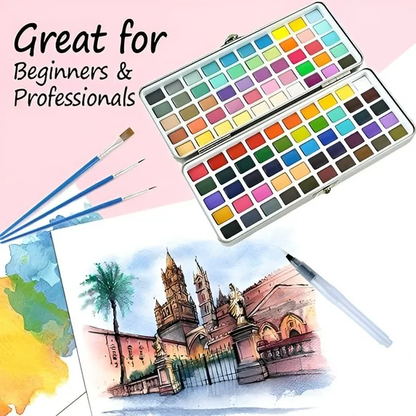 Watercolor Paint Set 100 Colors,50 Regular,35 Metallic,10 Macaron and 5 Fluorescent Colors,Portable with Carrying Case,Water Brush Pens,Travel Watercolor Set for Artsits,Amateur,Painting Lovers