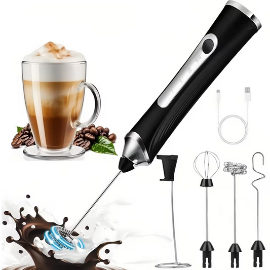 Handheld Milk Frother Wand for Coffee with Stand, Rechargeable Electric Whisk with 3 Heads 3 Speeds Drink Mixer Coffee Frother For Coffee, Latte, Cappuccino, Hot Chocolate,Egg,Black