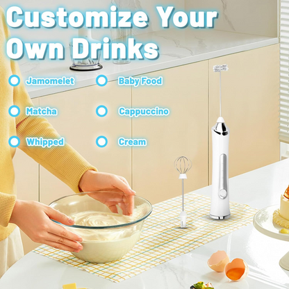 Milk Frother Handheld Rechargeable, Coffee Frother Wand Drink Mixer Electric Whisk for Coffee, Detachable With 3 Stainless Whisks, Hand Mixer for Lattes, Cappuccino, Matcha, Egg, No Stand,Black