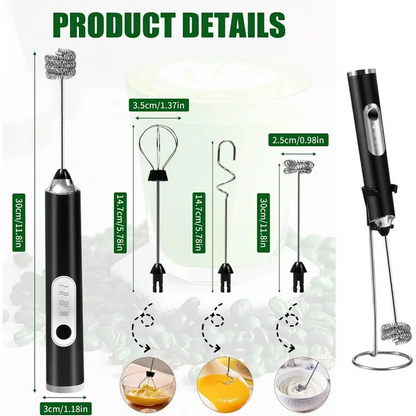 Milk Frother Handheld Rechargeable with Stand, Frother Wand Drink Mixer Electric Whisk for Coffee, Detachable With 3 Stainless Whisks, Hand Mixer for Lattes, Cappuccino, Matcha, Egg, Black