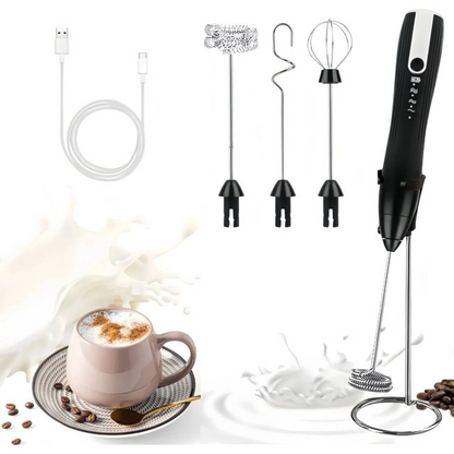 Milk Frother Handheld for Coffee with Stand, Electric Whisk 3 Speed Adjustable, Drink Mixer with Stainless 3 Whisks, Rechargeable Hand Frother Wand, Foam Maker for Latte Cappuccino,Black