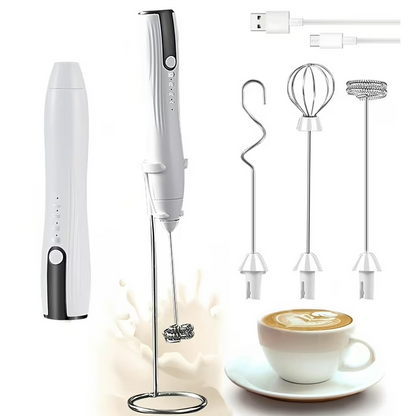 Milk Frother Handheld for Coffee with Stand, Electric Whisk 3 Speed Adjustable, Drink Mixer with Stainless 3 Whisks, Rechargeable Hand Frother Wand, Foam Maker for Latte Cappuccino,White