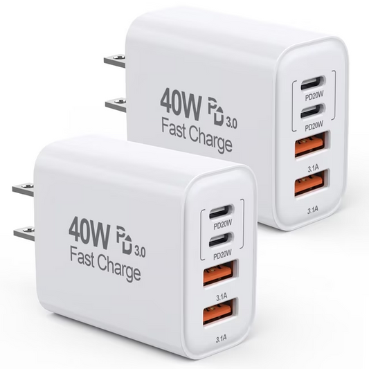 USB C Charger Block, 40W 4-Port Type C Charger Fast Charging Blocks PD Power Charger Adapter+QC 3.0 USB Multiport Charger Brick Compatible with iPhone 16/15/14/13/12/11,iPad,Galaxy,2Pack,White