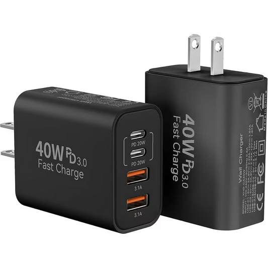 USB C Charger Block, 40W 4-Port Type C Charger Fast Charging Blocks PD Power Charger Adapter+QC 3.0 USB Multiport Charger Brick Compatible with iPhone 16/15/14/13/12/11,iPad,Galaxy,2Pack,Black