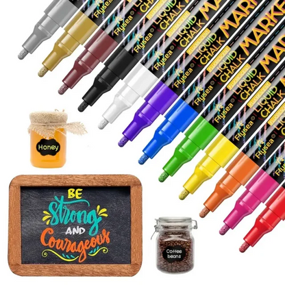 Liquid Chalk Markers for Blackboard & Glass, 12 Pack Dry Erase Marker Pens,Window Marker, Liquid Chalk Pens for Acrylic Dry Erase Board, Mirror, Car, Glass,Signs,Thin Chalkboard,1mm Point