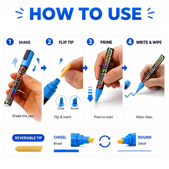 Chalk Markers,24 Pack Dry Erase Markers Fine Tip,Liquid Chalk Markers for Blackboard,Windows,Glass,Washable Chalkboard Markers with Reversible Tip,Whiteboard Markers Window Marker Erasable Pens