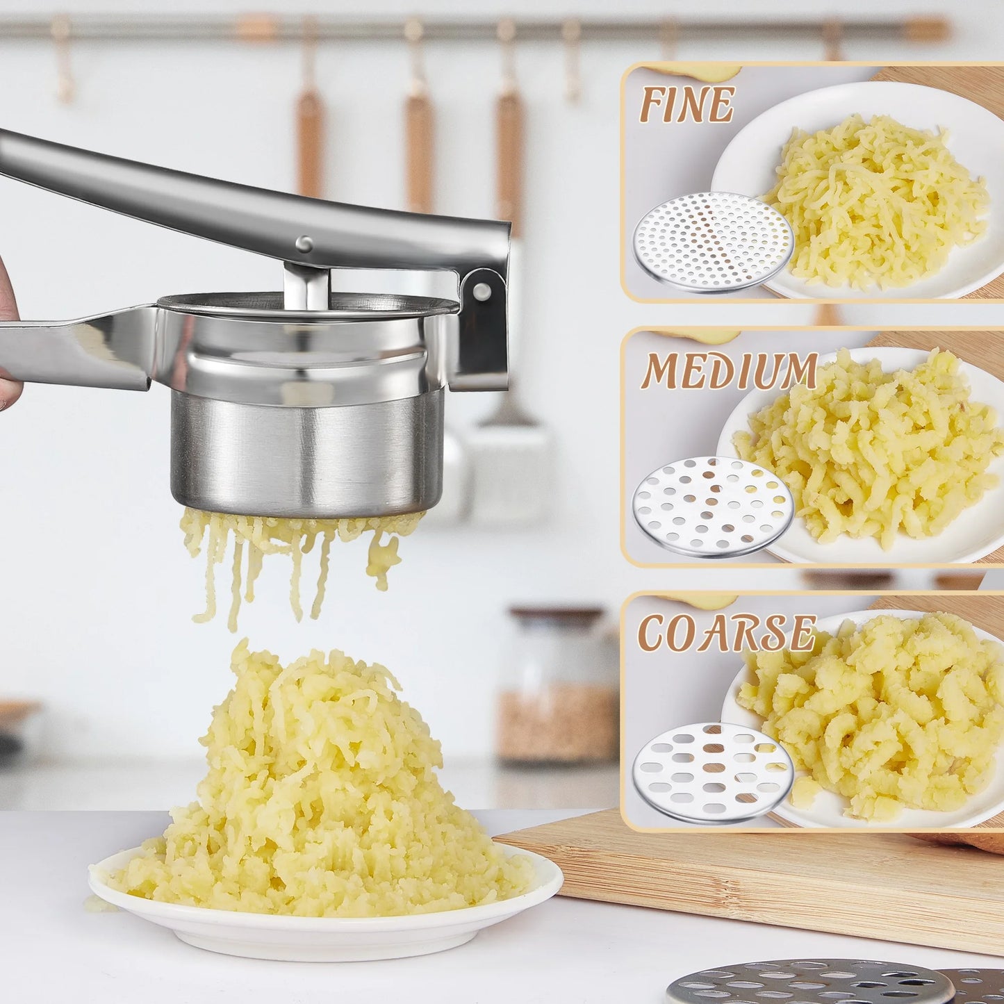 Large Potato Ricer,Heavy Duty Stainless Steel Potato Masher and Ricer Kitchen Tool,3 Interchangeable Discs,Ricer Kitchen Tool-Mashed Potatoes,Masher for Fruits,Vegetables,Baby Food