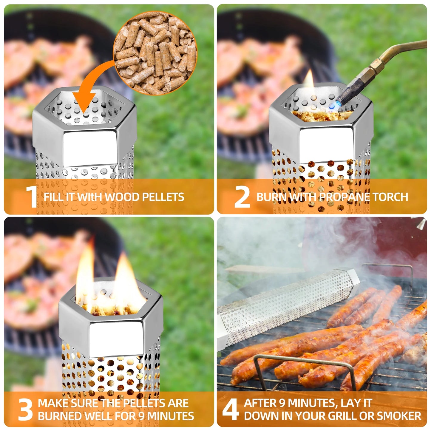 Smoke Tube for Pellet Smoker,12'' Smoker Tube Pellet Grill Accessories, Premium Stainless Steel Pellet Tube for all Grill or Smoker - Includes 2 S-Shaped Hooks,Cleaning Brush