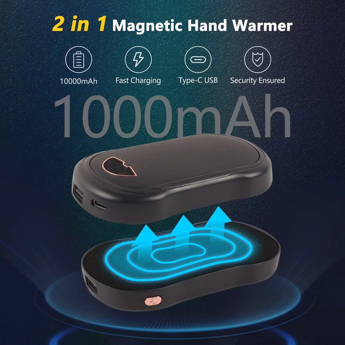 Hand Warmers Rechargeable,2 Pack 10000mAh Electric Hand Warmer,2 in 1 Portable Pocket Heater and Power Bank,3 Levels Long Lasting Reusable Handwarmer for Outdoors Camping,Hunting,Golf