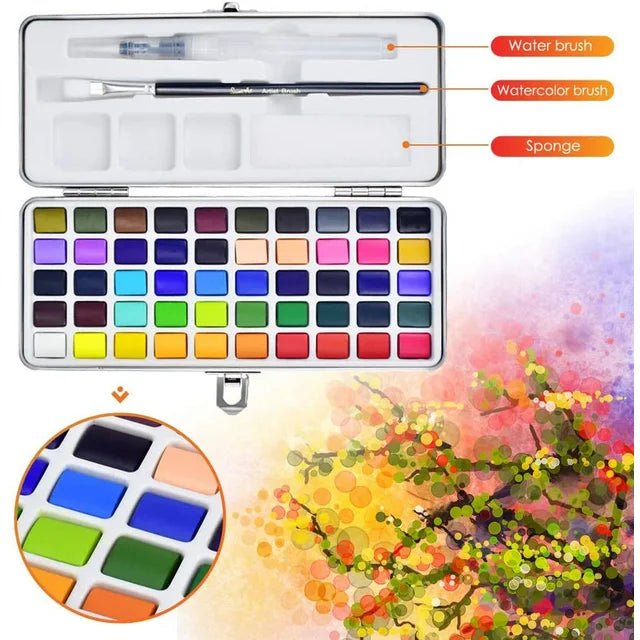 100 Colors Watercolor Paint Set - 50 Regular, 35 Metallic, 10 Macaron and 5 Fluorescent Colors - Portable with Carrying Case, Water Brush Pens,and Accessories-For Beginners and Professionals