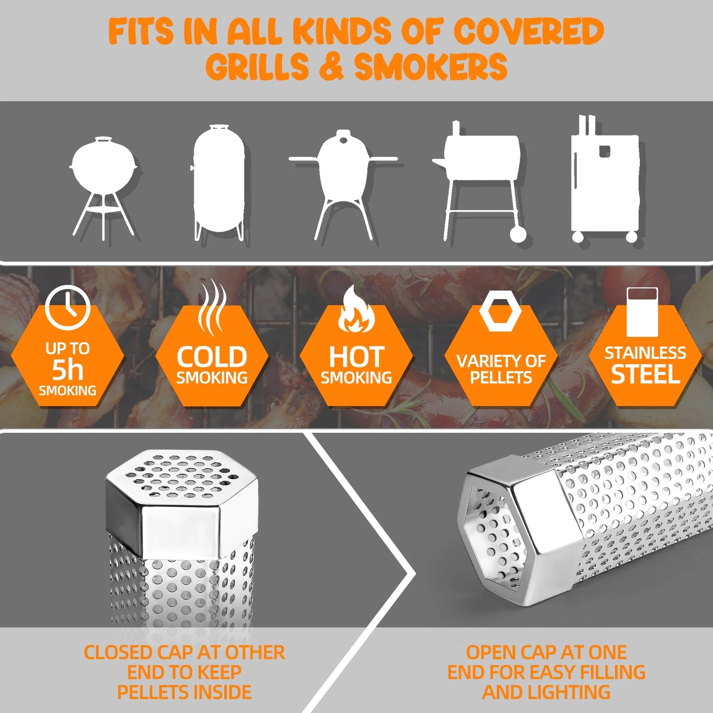 Smoke Tube for Pellet Smoker,12'' Smoker Tube Pellet Grill Accessories, Premium Stainless Steel Pellet Tube for all Grill or Smoker - Includes 2 S-Shaped Hooks,Cleaning Brush