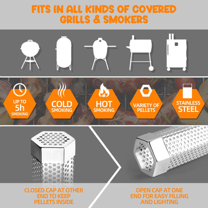 Smoke Tube for Pellet Smoker,12'' Smoker Tube Pellet Grill Accessories, Premium Stainless Steel Pellet Tube for all Grill or Smoker - Includes 2 S-Shaped Hooks,Cleaning Brush