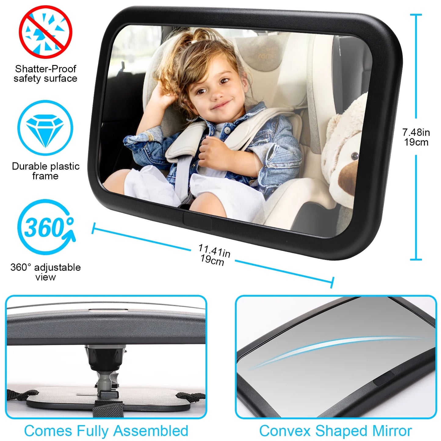 Baby Car Mirror for Baby,Seat Safely Monitor Infant Child in Rear Facing Seat, Wide View Shatterproof Adjustable Acrylic 360° for Backseat, Crash Tested and Certified for Safety