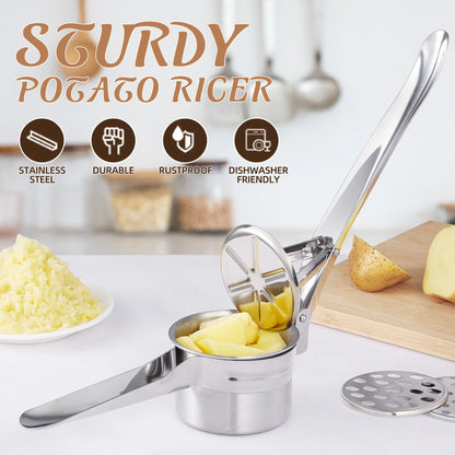 Large Potato Ricer,Heavy Duty Stainless Steel Potato Masher and Ricer Kitchen Tool,3 Interchangeable Discs,Ricer Kitchen Tool-Mashed Potatoes,Masher for Fruits,Vegetables,Baby Food