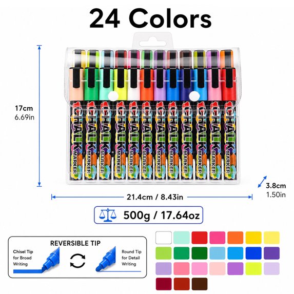 Chalk Markers,24 Pack Dry Erase Markers Fine Tip,Liquid Chalk Markers for Blackboard,Windows,Glass,Washable Chalkboard Markers with Reversible Tip,Whiteboard Markers Window Marker Erasable Pens