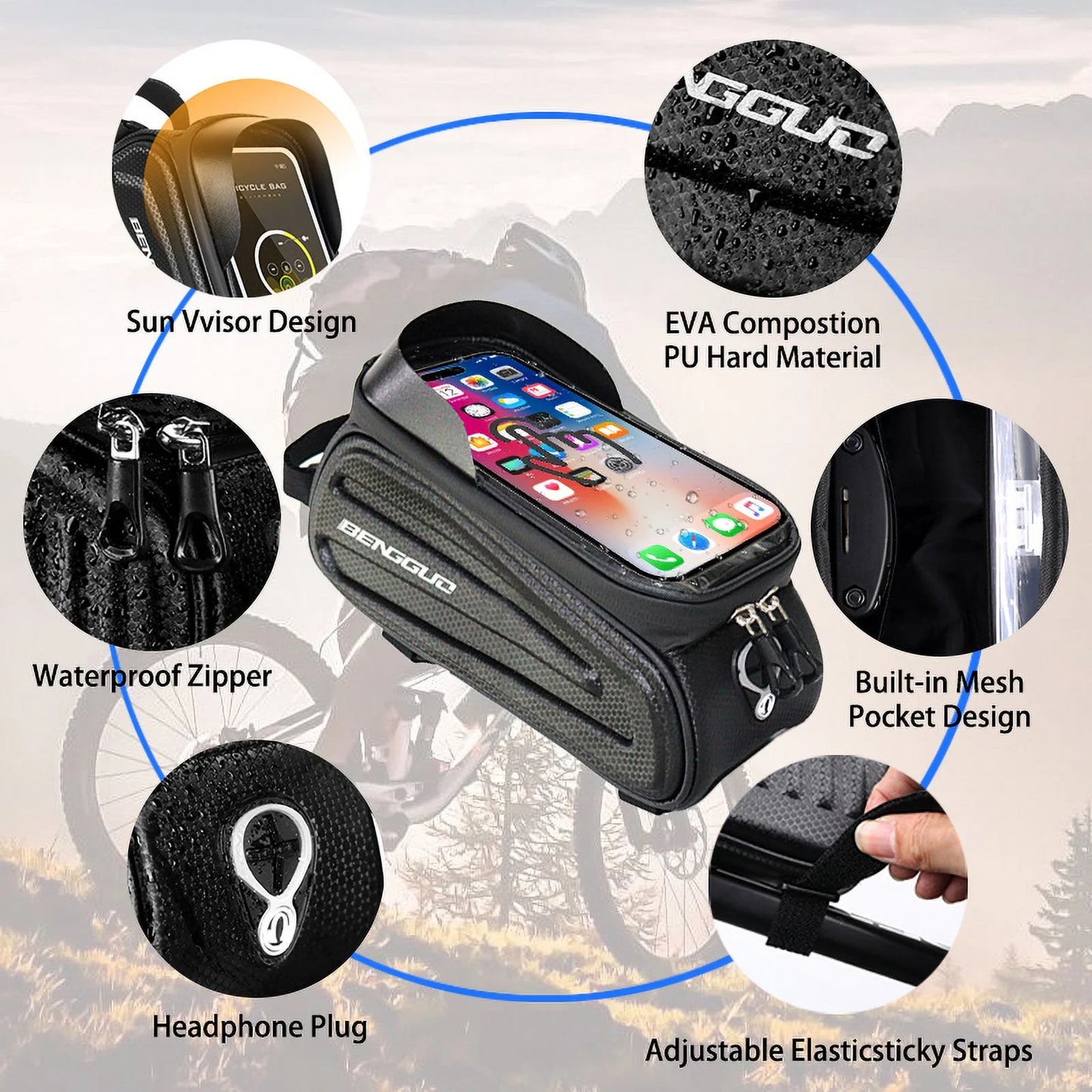 Bike Bag for Bicycles,Phone Mount Bag Bicycle Accessories Pouch,EVA Waterproof Bike Phone Holder Top Tube Front Frame Bag Handlebar Bags with TPU Touch Screen Sun Visor Fit 7inch