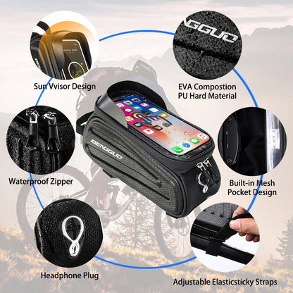 Bike Bag for Bicycles,Phone Mount Bag Bicycle Accessories Pouch,EVA Waterproof Bike Phone Holder Top Tube Front Frame Bag Handlebar Bags with TPU Touch Screen Sun Visor Fit 7inch