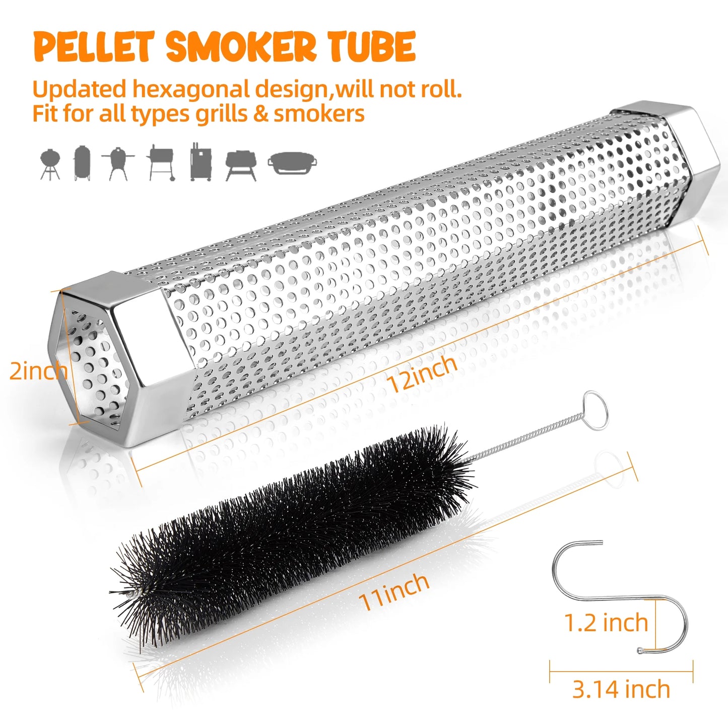Smoke Tube for Pellet Smoker,12'' Smoker Tube Pellet Grill Accessories, Premium Stainless Steel Pellet Tube for all Grill or Smoker - Includes 2 S-Shaped Hooks,Cleaning Brush