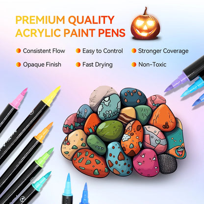 24 Colors Dual Tip Acrylic Paint Markers, Brush Tip and Fine Tip Acrylic Paint Pens for Rock Painting, Ceramic, Wood, Canvas, Plastic, Glass, Stone, Calligraphy, Card Making, DIY Crafts