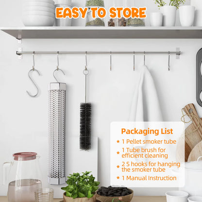 Smoke Tube for Pellet Smoker,12'' Smoker Tube Pellet Grill Accessories, Premium Stainless Steel Pellet Tube for all Grill or Smoker - Includes 2 S-Shaped Hooks,Cleaning Brush