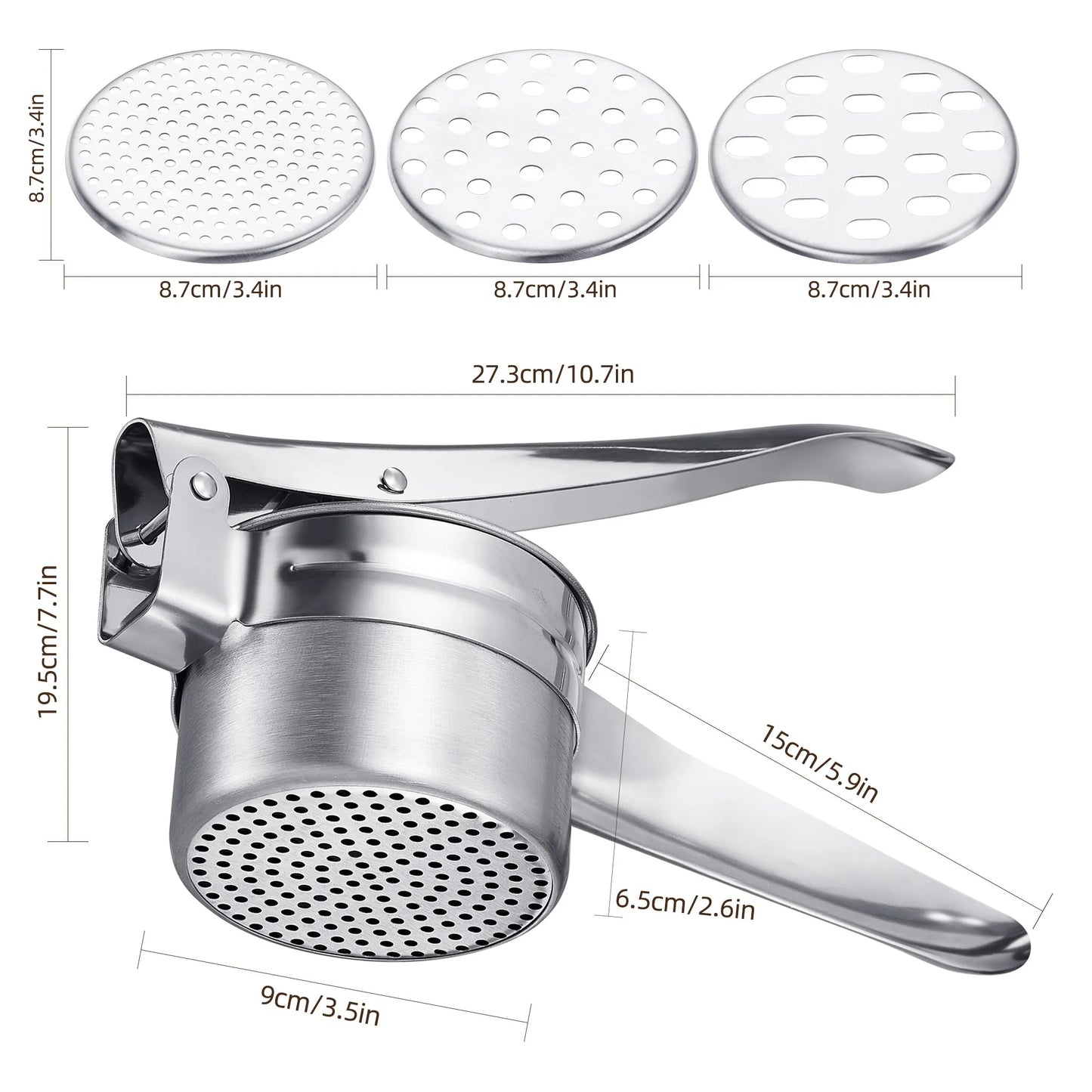 Large Potato Ricer,Heavy Duty Stainless Steel Potato Masher and Ricer Kitchen Tool,3 Interchangeable Discs,Ricer Kitchen Tool-Mashed Potatoes,Masher for Fruits,Vegetables,Baby Food