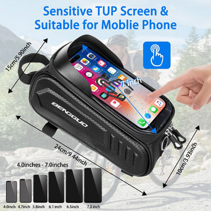 Bike Bag for Bicycles,Phone Mount Bag Bicycle Accessories Pouch,EVA Waterproof Bike Phone Holder Top Tube Front Frame Bag Handlebar Bags with TPU Touch Screen Sun Visor Fit 7inch