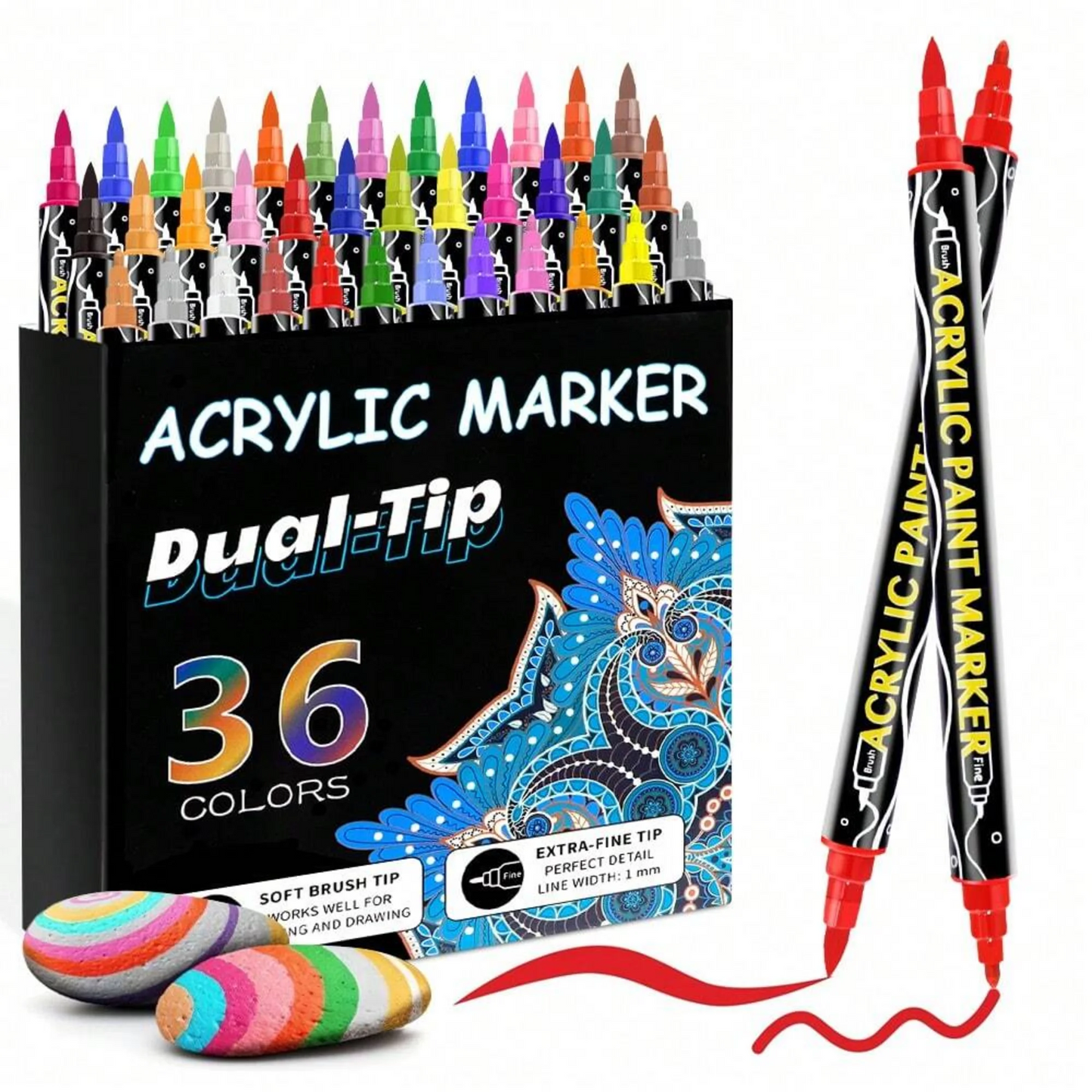 36 Colors Acrylic Paint Markers, ASOVNXF Dual Tip with Fine Tip and Brush Tip Pens for Stone, Wood, Calligraphy, Canvas, Ceramic, Metal, Glass, Rock Painting, DIY Crafts