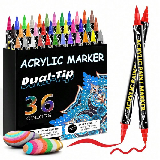 36 Colors Acrylic Paint Markers, ASOVNXF Dual Tip with Fine Tip and Brush Tip Pens for Stone, Wood, Calligraphy, Canvas, Ceramic, Metal, Glass, Rock Painting, DIY Crafts