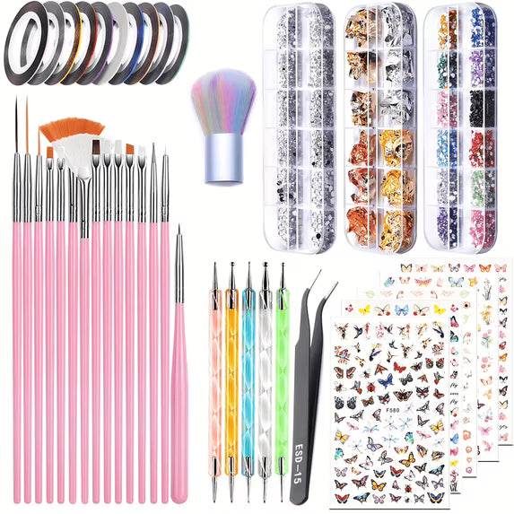 73PCS Nail Art Brushes Set,Nail Art Tools Kit,Nail Supplies with Nail Art Pens,Nail Dotting Tool,Nail Rhinestones,Nail Foil,Dust Brush,Butterfly Nail Art Sequins,Nail Stickers for Nail Art