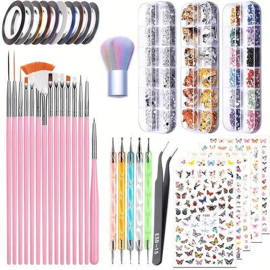 73PCS Nail Art Brushes Set,Nail Art Tools Kit,Nail Supplies with Nail Art Pens,Nail Dotting Tool,Nail Rhinestones,Nail Foil,Dust Brush,Butterfly Nail Art Sequins,Nail Stickers for Nail Art
