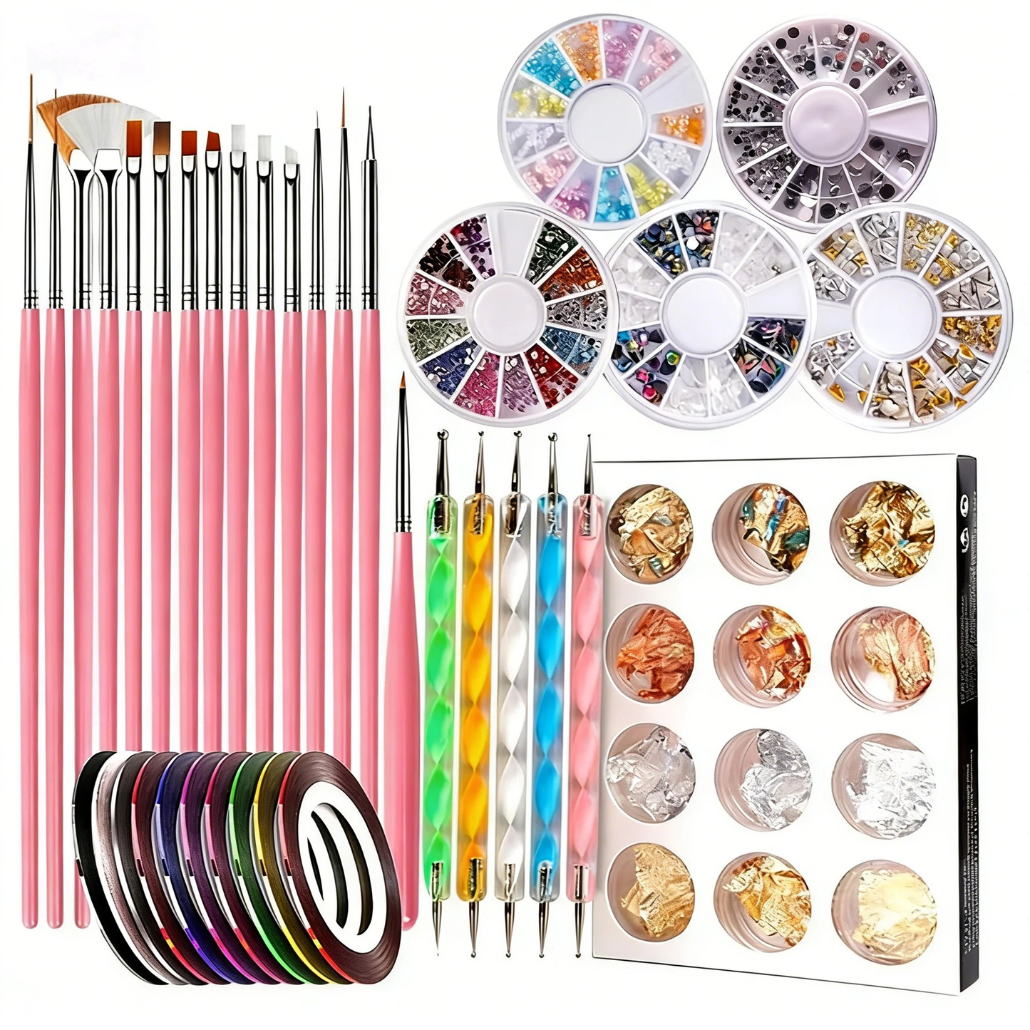 Nail Art Tools Set, ASOVNXF Nail Art Brushes Set, Nail Design Kit, Nail Supplies with 15pcs Nail Painting Brushes, Nail Dotting Tool, Nail Foil, Manicure Tape, Color Rhinestones for Nails Pink