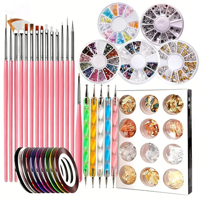 Nail Art Tools Set, ASOVNXF Nail Art Brushes Set, Nail Design Kit, Nail Supplies with 15pcs Nail Painting Brushes, Nail Dotting Tool, Nail Foil, Manicure Tape, Color Rhinestones for Nails Pink