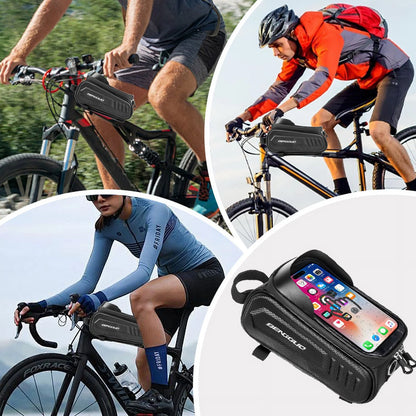 Bike Bag for Bicycles,Phone Mount Bag Bicycle Accessories Pouch,EVA Waterproof Bike Phone Holder Top Tube Front Frame Bag Handlebar Bags with TPU Touch Screen Sun Visor Fit 7inch